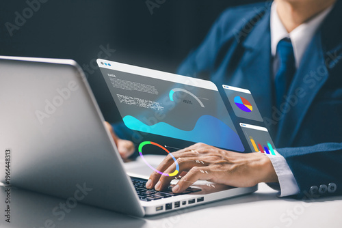 Data analytics dashboard concept with business statistics visualization, performance metrics, financial report, KPI analysis, digital marketing insights and real time data monitoring system.