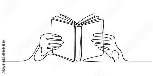 A single continuous line drawing of a person holding an open book for reading and education study Vector, illustration