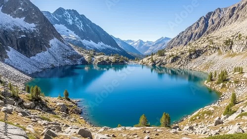 Serene Mountain Lake with Snowy Peaks Landscape.