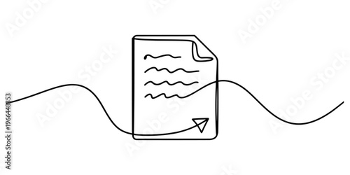 A continuous line drawing of a document page with a paper airplane icon at the bottom corner Vector, illustration