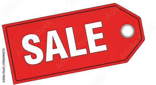 Red sale tag with white text, hanging price label for retail promotions, vibrant discount sticker for shopping and commercial marketing events