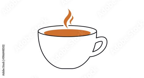 Minimalist coffee cup illustration, steaming hot beverage in white ceramic mug, simple line art cafe icon on white background