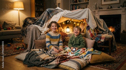 Two children sitting in a cozy indoor tent.