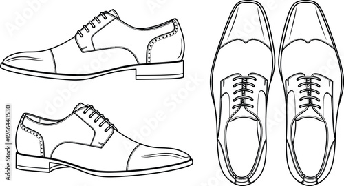 Classic mens dress shoes line art illustration with side profile and top view perspective shoe sketch.