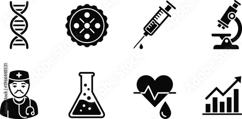 Set of black medical icons featuring DNA, syringe, microscope, doctor, flask, heartbeat, and growth chart for healthcare and scientific research concept.