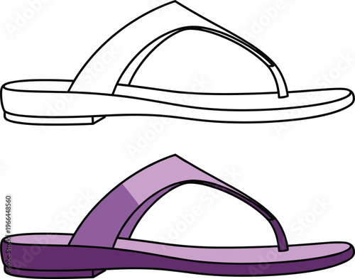Flip flop sandals illustration set including black outline sketch and purple colored beach footwear design.