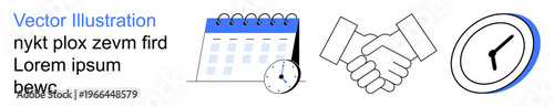 Business meetings, scheduling, teamwork, collaboration, time management, professional planning. Calendar, handshake and clock icons. Business meetings and scheduling concept
