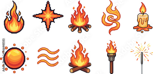 Pixel art fire and flame icons set with bonfire torch candle sun sparkler and heat wave symbol collection.