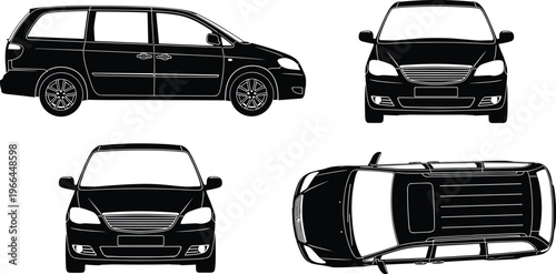 Black minivan car vehicle top front back and side views silhouette set on transparent background.