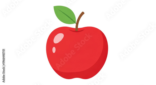 Red apple illustration with green leaf, fresh organic fruit icon on white background, minimalist red apple graphic for healthy food design