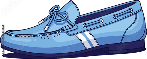 Light blue boat shoe with laces and white stripe detail, classic casual footwear, vector.