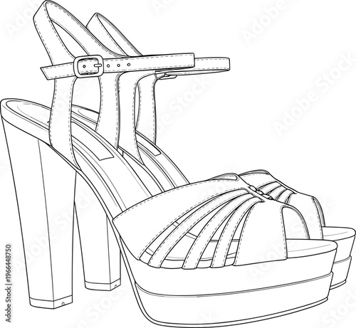 High heel sandals with platform sole and ankle strap, fashionable women footwear, outline.