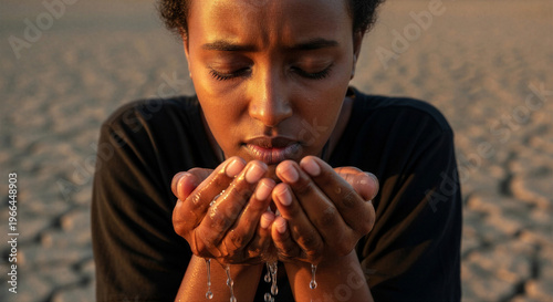 Young woman holding water in hands, reflecting on its value  