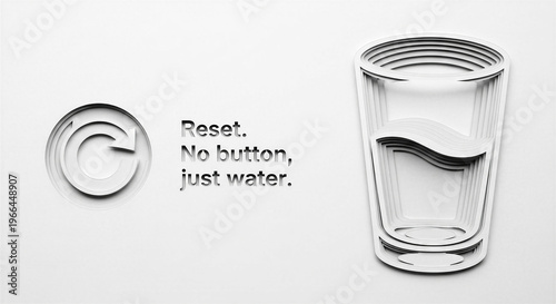 Glass of water next to reset symbol on white background  