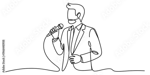 A single continuous line drawing of a man speaking into a microphone while wearing a smart suit Vector, illustration