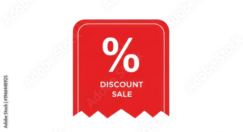 Red discount sale tag with percentage symbol, promotional price sticker for retail marketing, vibrant red shopping label for seasonal clearance offers