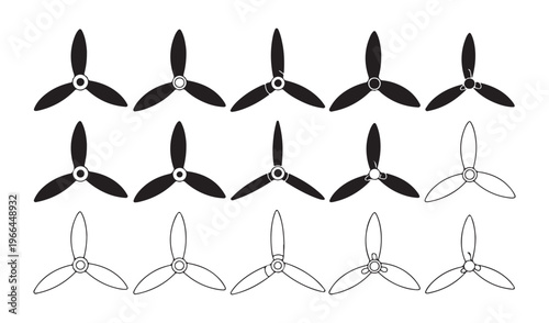 Set of aircraft propeller icons showing three blade rotor designs for drone technology and aviation models.