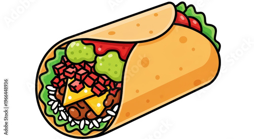 Mexican beef burrito with guacamole and salsa, delicious flour tortilla wrap with rice and beans, traditional street food snack on white background