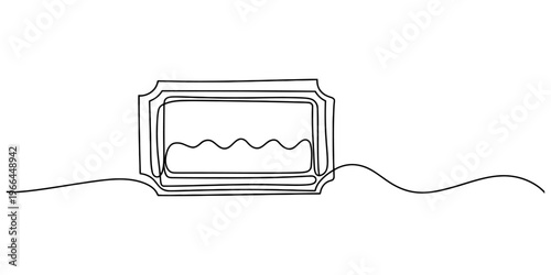 A single continuous line drawing of a rectangular ticket with decorative edges and wave pattern Vector, illustration