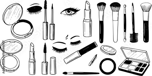 Beauty Cosmetics Makeup Essentials Collection. Hand-Drawn Black and White Line Art Illustration Set Featuring Brushes, Lipstick, Mascara, Eye Views, and Eyeshadow Palette.