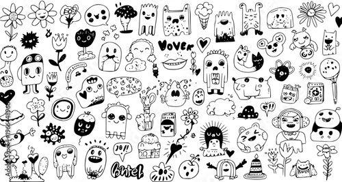 Black and White Doodle Monsters and Cute Characters Line Art Vector Set