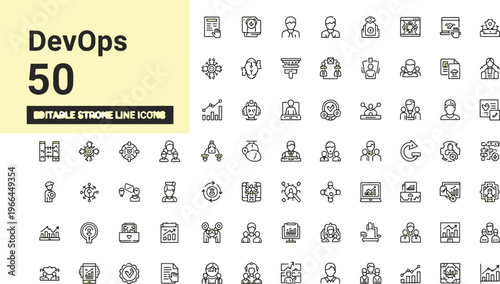 flat lay collection of 50 colorful devops and software development line icons on white background