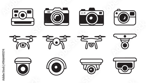 Linear icons of photography devices including retro cameras modern slr bodies and aerial drone technology.