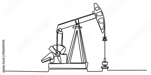 A single continuous line drawing of an oil pump jack used for extracting petroleum from ground. Vector, illustration