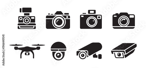 Set of black and white camera icons, including polaroid, dslr, mirrorless, security, and drone cameras.