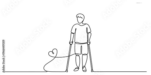 A continuous line drawing of a person using crutches with a heart shape trailing behind on floor Vector, illustration