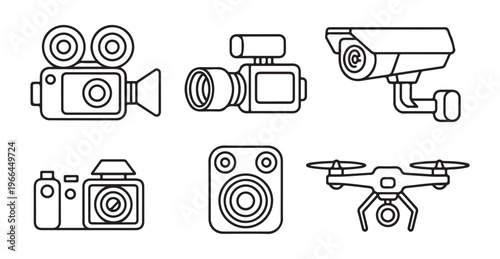 Set of outline camera icons, including old film camera, video camera, security camera, and drone.