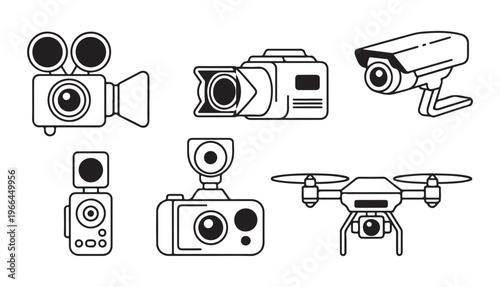 Collection of camera icons, featuring various camcorders, a dslr, and a drone in outline style.