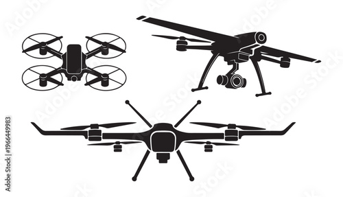 Collection of drones with multiple propellers and cameras in black silhouette vector illustration.
