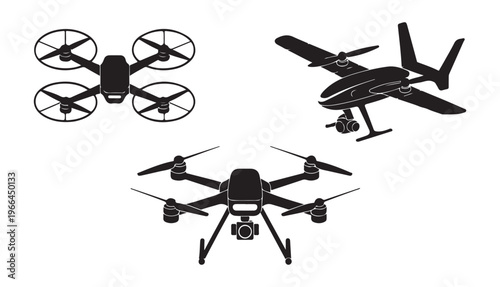 Modern drones with cameras and propellers in black silhouette vector illustration.