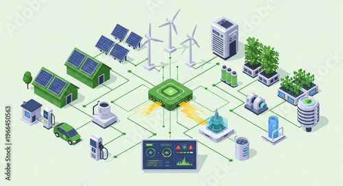 Isometric Smart Grid System with Renewable Energy Sources and Centralized Control.