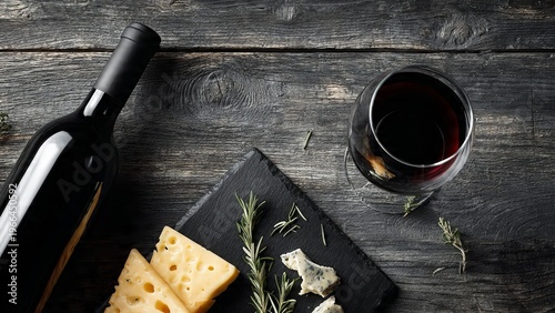 Red Wine and Cheese Pairing on Dark Wooden Table