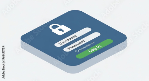 Isometric Login Interface Design with Username, Password, and Lock Icon.