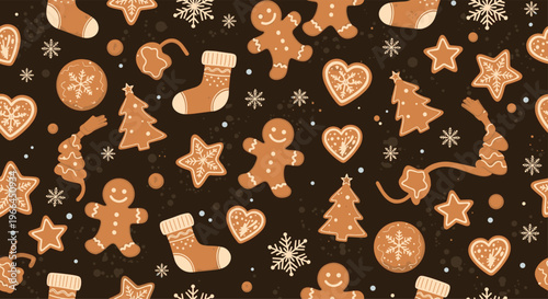 Festive Christmas seamless pattern with gingerbread men, trees, stars, hearts, and snowflakes over a dark background for holiday designs.