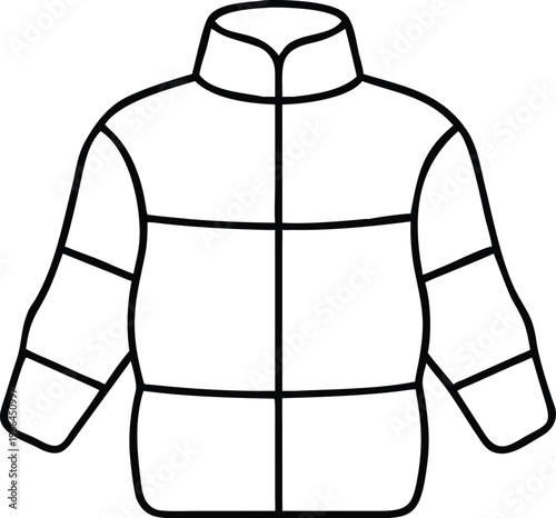 A black outline drawing of a warm puffer jacket provides a simple clothing icon illustration