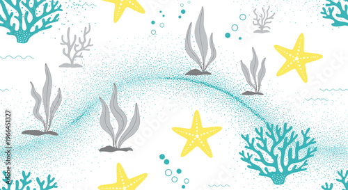 Underwater seamless pattern displaying yellow starfish and blue coral reef elements on a clean white background for nautical themes.