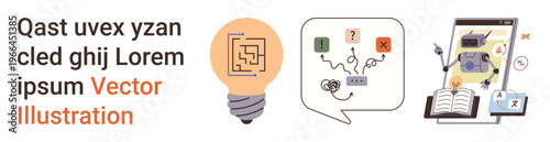 Innovation, artificial intelligence, education, problem-solving, technology, learning tools. A lightbulb, decision flowchart and robot interacting on a screen. Artificial intelligence