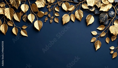 Gilded leaves on dark blue background, creating an elegant, ornate nature-inspired design