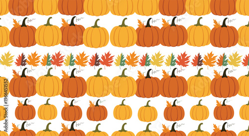 Warm autumn seamless pattern featuring rows of orange and yellow pumpkins interspersed with colorful fall leaves for Thanksgiving decor.
