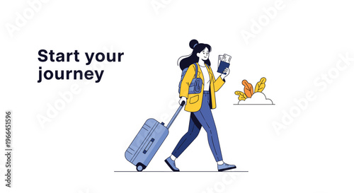 Stylish illustration of a woman in a yellow coat walking with her blue suitcase and holding travel documents for a new journey concept.