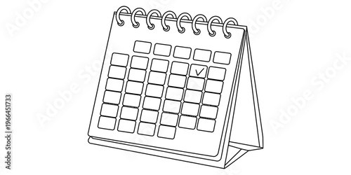 A black and white line art illustration of a standing spiral bound desk calendar with a check mark Vector, illustration