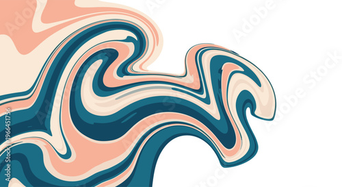 Fluid abstract art piece featuring swirled marble textures in a palette of dark blue, soft pink, and beige colors on a white base.