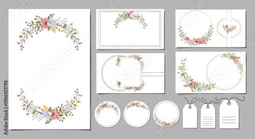 Complete set of wedding invitation stationery with delicate floral wreaths, borders, and tags in soft pastel colors for a romantic theme.