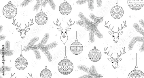 Elegant monochrome seamless pattern with detailed line art of reindeer heads, pine branches, and ornamental Christmas balls for winter.