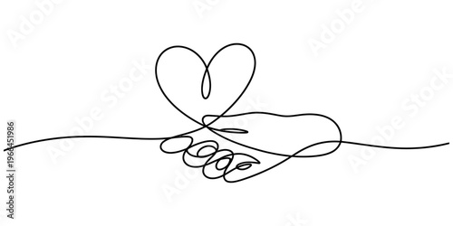 A minimalist single line drawing of two hands holding each other to form a heart shape symbol Vector, illustration