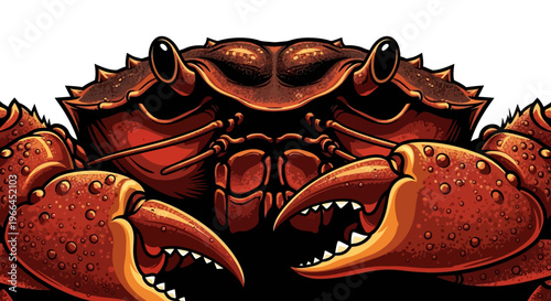 An aggressive crab shows its face in a close-up view with bold outline on a white background.